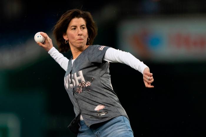 US Secretary of Commerce Gina Raimondo threw the ceremonial first pitch at a baseball game between the Washington Nationals and Chicago Cubs