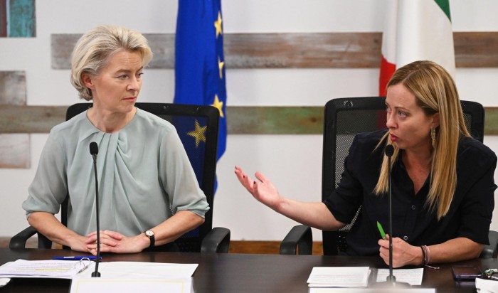 From left EU Commission president Ursula von der Leyen with Italian premier Giorgia Meloni at a press conference in Lampedusa