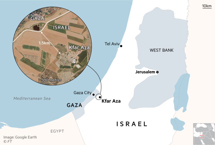 Map showing location of Kfar Aza kibbutz near the border with Gaza