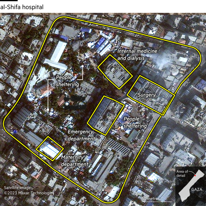 Annotated satellite photo of al-Shifa hospital in Gaza showing main buildings and people sheltering